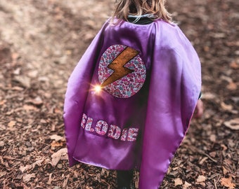 Personalised Purple Superhero cape and mask using Liberty print fabric - Pretend Play