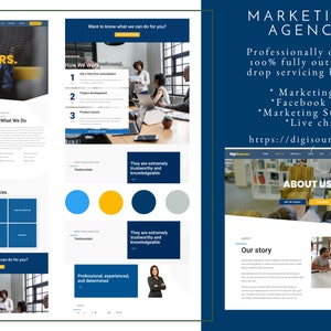 Può includere: Una home page di un sito web per Digi Sourcers, un'agenzia di marketing che offre servizi come pubblicità di marketing, gestione di pagine Facebook, strategia di marketing e chat dal vivo. Il sito web presenta uno schema di colori blu e bianco con immagini di persone che lavorano in ufficio.