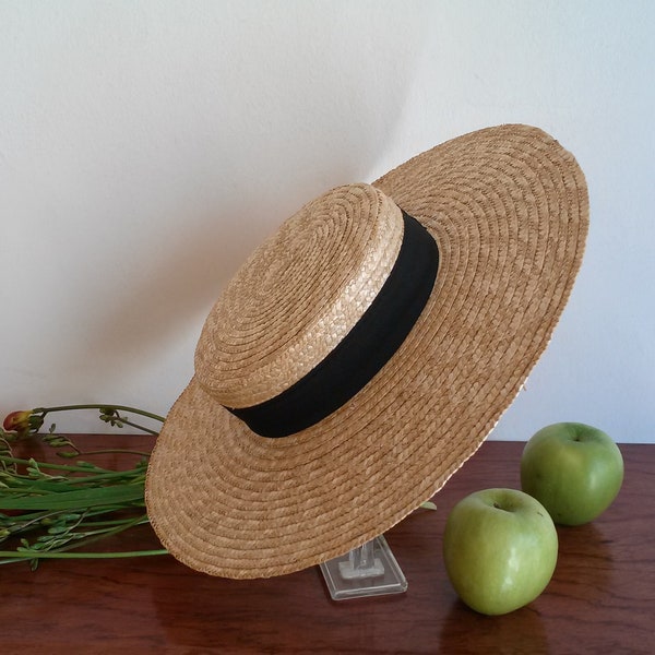 Canotier en paille naturelle, canotier en paille, canotier provençal, chapeau de mariage, chapeau d' été en paille, chapeau de plage.