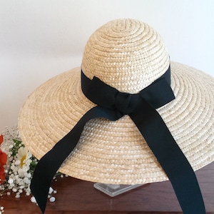 Natural straw wide brim hat with ribbon with bow at the back, fancy straw hat, charming wedding hat