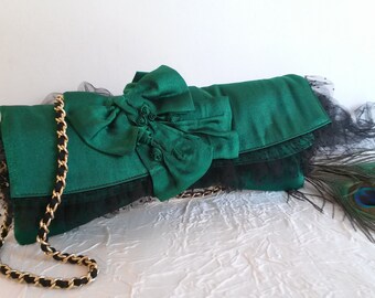 Ceremonial handbag, evening clutch in dark green satin and black tulle, evening handbag, wedding clutch, cocktail bag.