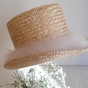 Natural straw top hat, straw ceremony hat, straw and feather wedding hat, bridal hat.