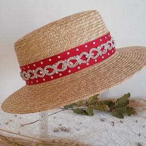 Natural straw boater, straw boater with polka dot ribbon and Swarovski trimmings, ceremonial boater, straw hat.
