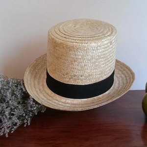 Unisex hoge hoed van natuurlijk stro, herenhoed, strohoed voor een bruiloft, strohoed voor ceremoniële gelegenheden.