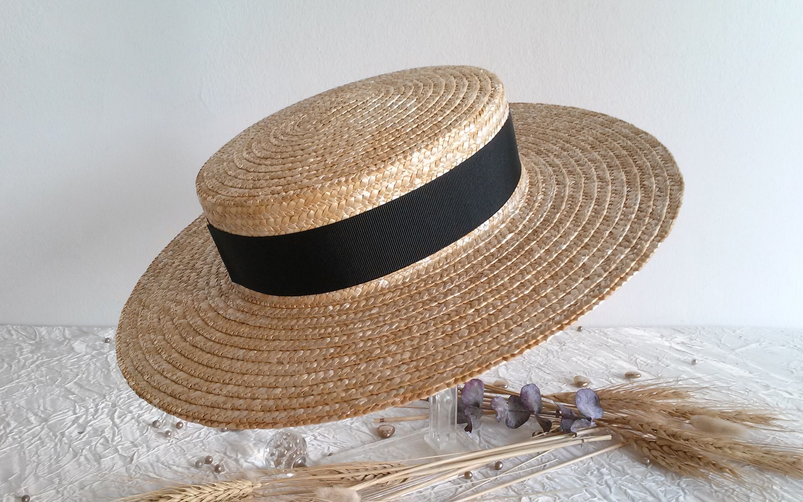 Natural Straw Boater Hat, Straw Boater Hat With Grosgrain  display picture 1