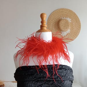 Könnte beinhalten: Ein leuchtend rotes Federboa umschließt den Hals einer Schaufensterpuppe, über einem schwarzen, strukturierten Kleidungsstück. Ein Strohhut mit weißen Spitzenakzenten ist im Hintergrund zu sehen. Das Boa setzt einen Farbakzent.