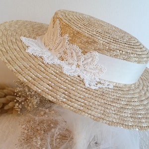 Natural straw ceremonial boater, straw boater for bride, straw wedding hat, straw wedding boater.