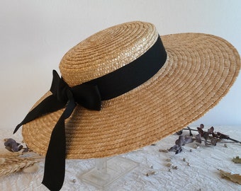 Canotier en paille naturelle, canotier en paille, canotier provençal, chapeau de mariage, chapeau de cérémonie, chapeau d' été en paille.