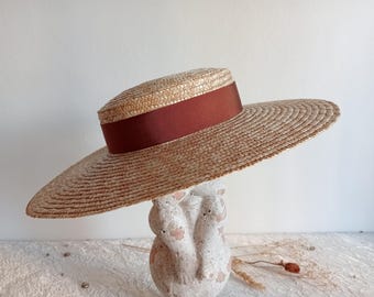 Chapéu de palha natural estilo canoa com aba larga, chapéu feminino para casamento/cerimônia, estilo provençal, fita de gorgorão em cores naturais.