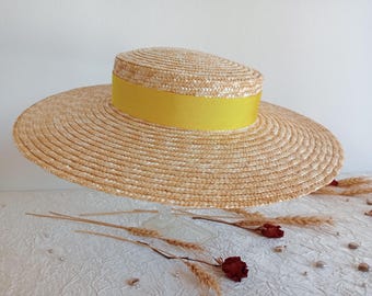Sombrero canotier de paja natural para mujer, sombrero de boda provenzal, sombrero de verano de ala ancha, sombrero canotier de paja, elegante sombrero de playa con cinta de color.