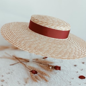 Natural straw boater, natural straw ceremonial boater, wide-brimmed boater, Provençal boater, wedding hat.