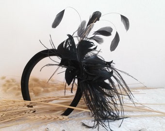 Ceremonial headband in velvet and natural feathers, wedding headband, black velvet and feather headband, wedding tiara.