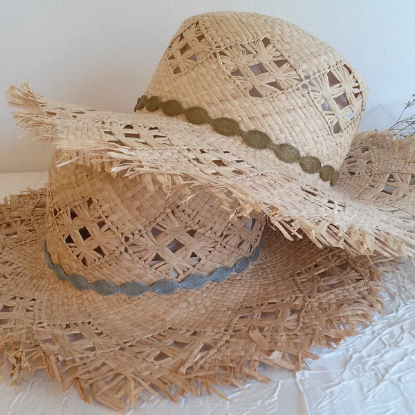 Summer capeline in natural straw with frayed edges, summer capeline, straw summer hat.