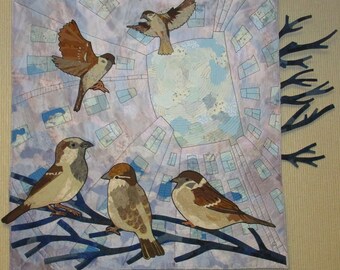 Bird Watcher Gift  Chic Sparrow Quilting Fabric Art Textile Home Decor Wall Hanging Faber Interior Quilt for Sale