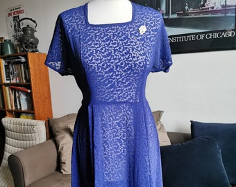 1940's sheer cobalt blue lace dress Size M