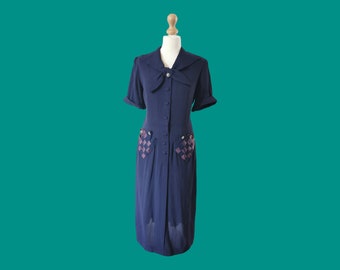 Late 1950’s Forever Young navy rayon crepe dress size M-L