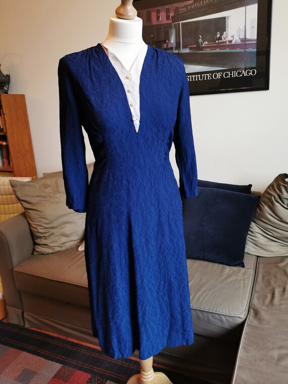 1940’s navy woven pattern rayon dress size L-XL