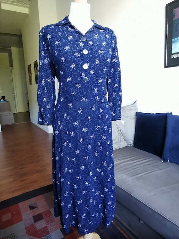 1940’s deep navy white pattern rayon dress Size L-