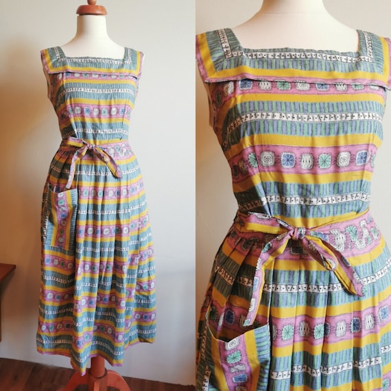 1940’s cotton pinafore house dress pastel print s… - image 1