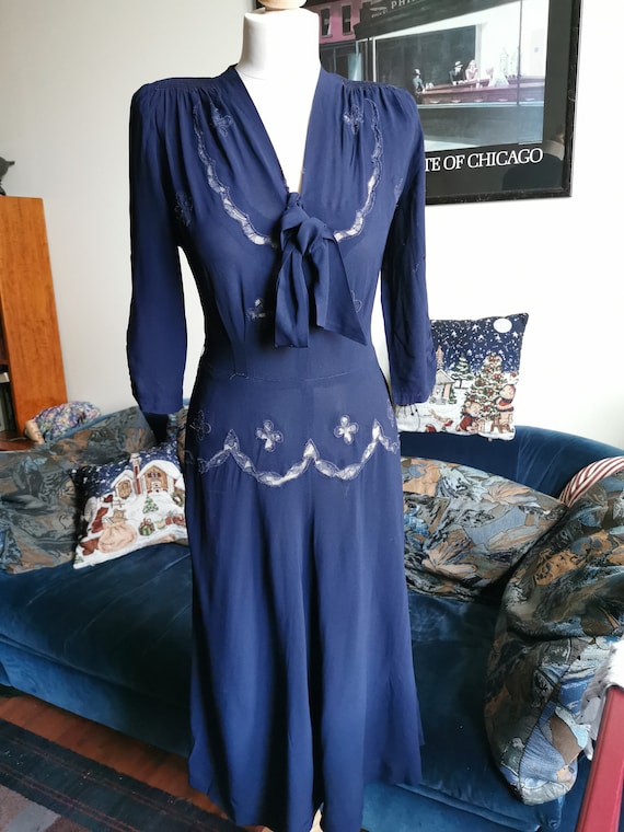 Late 30’s/early 40’s semi-sheer navy rayon dress s
