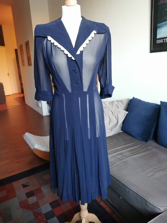 1940's navy dot chiffon dress L large