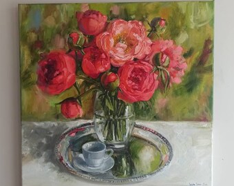 Coral pink peonies bouquet oil painting original still life 24x24&quot;