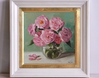 Pink roses bouquet still life bright original oil painting 14x14&#39;&#39;
