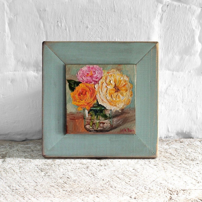 Pink roses bouquet oil painting flowers in vase shabby chic roses mini painting 6x6