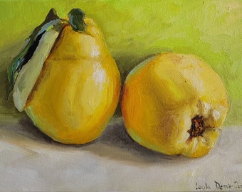 Quince fruit still life original mini oil painting modern kitchen wall decor 7x9''