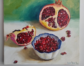 Pomegranate fruit still life original oil painting modern kitchen wall decor 12x12''