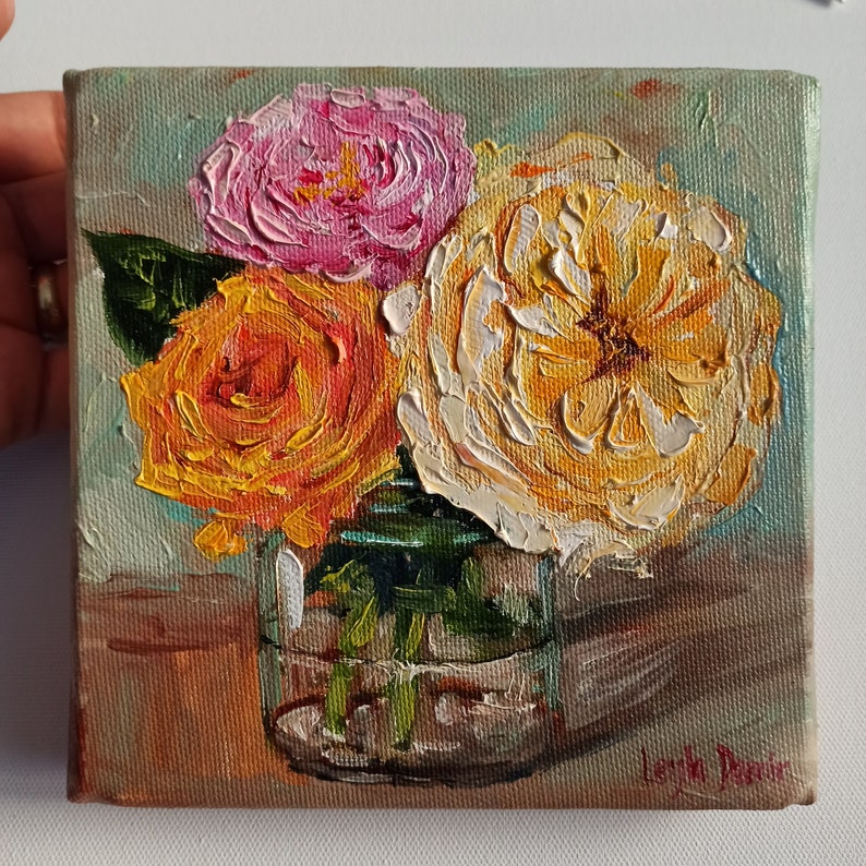 Pink roses bouquet oil painting  flowers in vase shabby chic roses mini painting 6x6
