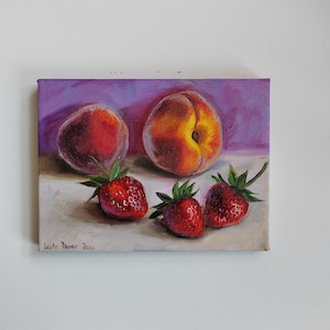 Peaches on table with white tablecloth still life 7&#39;&#39;x9&#39;&#39;