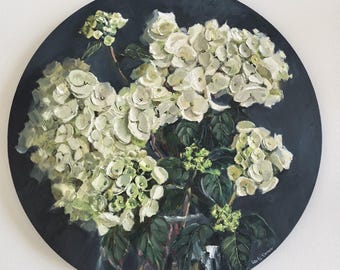 White hudrangea flower bouquet on indigo blue backgruond oil painting 20x20&quot;