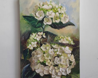 Witte hortensia origineel olieverfschilderij bloemen impasto kunst aan de muur 10x14"