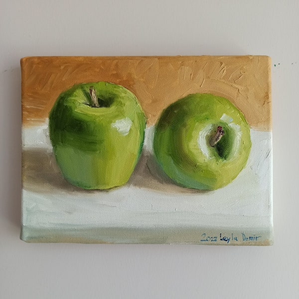 Green apple fruit still life art original canvas oil painting Granny Smith 7''x9''