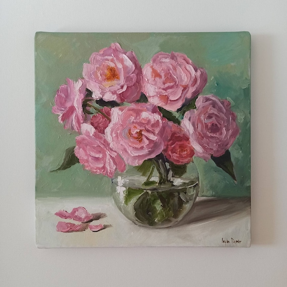 Pink roses bouquet still life bright oil painting 14x14