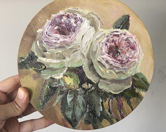 Pintura a óleo de natureza morta com buquê de rosas vermelhas, flores da primavera, 20x20 cm (8x8 polegadas)
