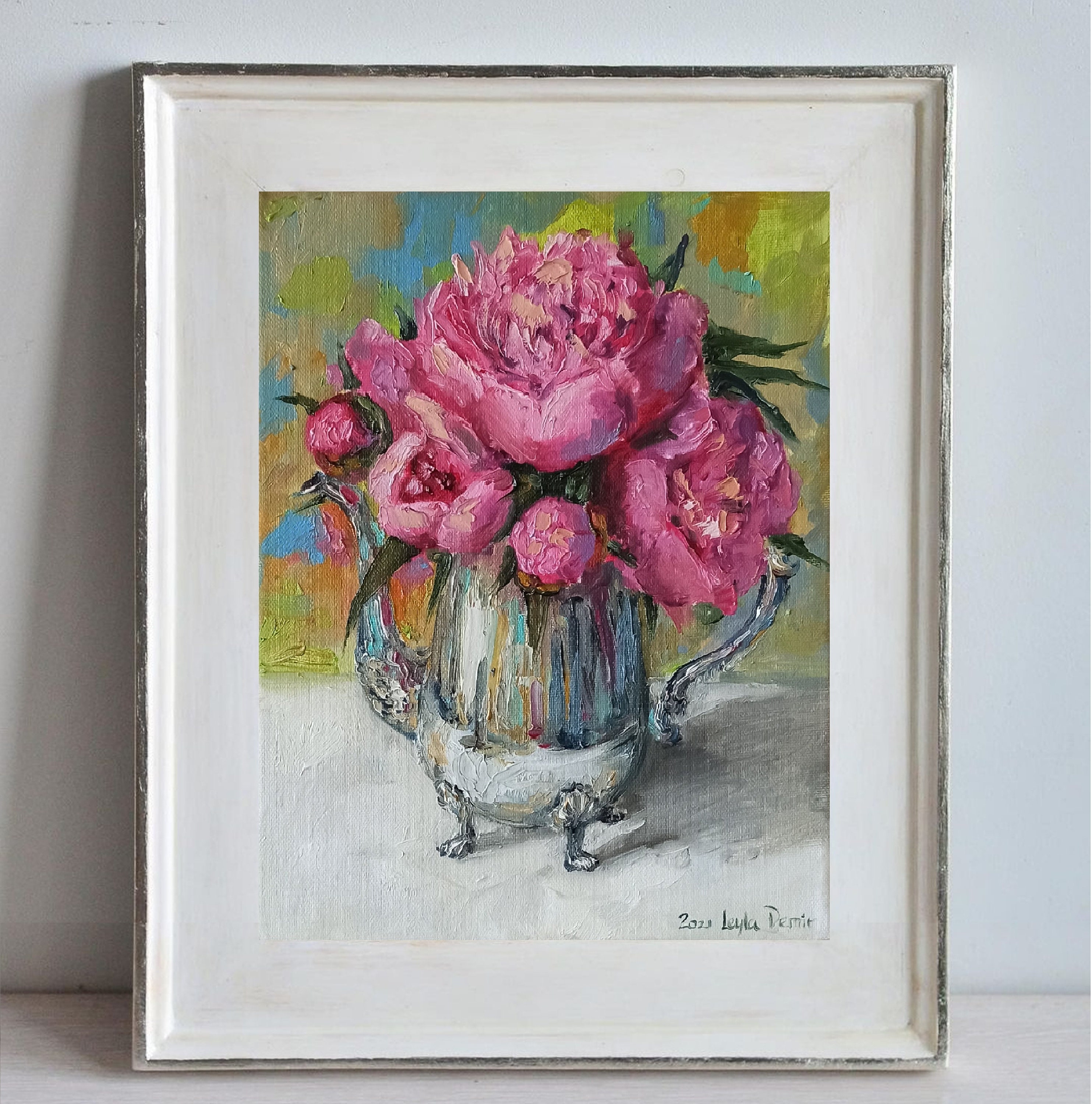 Pink peonies bouquet in Antique Metal Teapot still life bright oil painting 10x12''