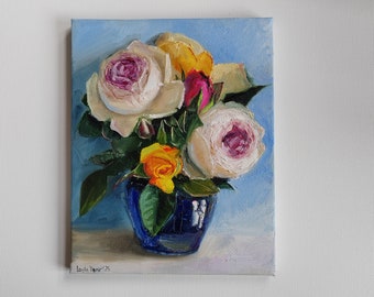 Pink and white roses bouquet in porcelian vase oil painting original still life 10x12&quot;