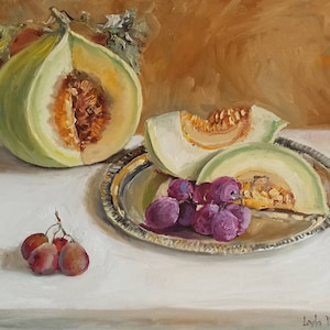 Melon fruit oil painting Original still life kitchen wall decor 16x20&#39;&#39;