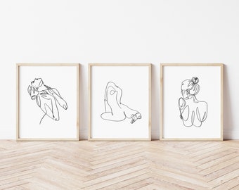 Set of 3 Line Art Drawing, Female Form, Wall Decor Print / Nude Wall Art, Body, Naked Woman Abstract / A5, A4, A3 / FREE UK Delivery