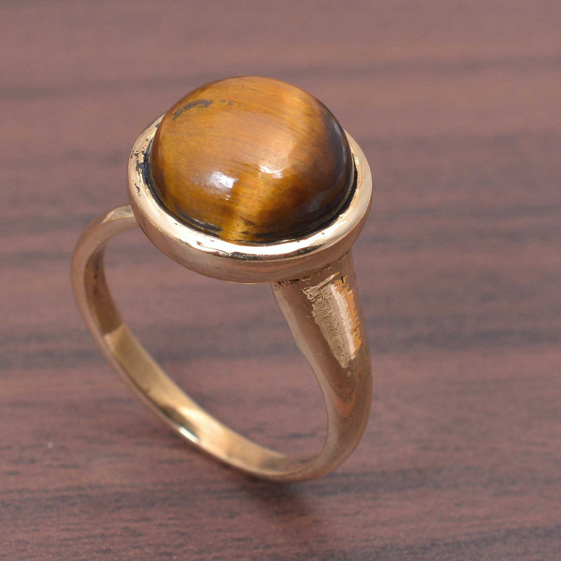 Tigers Eye Ring in Antique Brass Real Gemstone Earthy Etsy