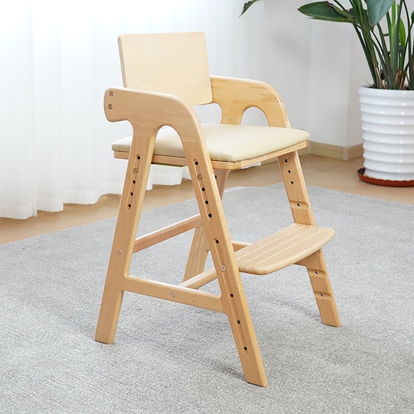 Chaise haute en bois à hauteur de comptoir pour tout-petit enfant, chaise de table de bureau en hêtre naturel pour enfant de 1 à 12 ans, hauteur réglable avec coussin moelleux