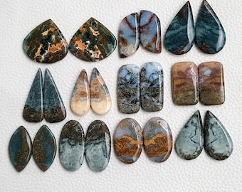 Op de afbeelding: Een verzameling van 14 natuurlijke stenen cabochons, met een verscheidenheid aan kleuren en patronen, waaronder blauw, groen, bruin en wit. De cabochons zijn in verschillende vormen, waaronder druppelvormig, ovaal en rechthoekig.