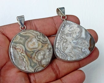 Colgante de plata de ley con ágata de encaje loco: collar de cristal bohemio