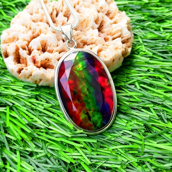 Ammolite Pendant, 925 Silver Pendant Necklace, Lab Grown Ammolite Necklace Gemstone Chunky Necklace Handmade Jewellery For Mother's Day Gift