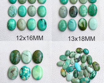 May include: Assortment of turquoise cabochons in various sizes, including 12x16mm, 13x18mm, and 15x20mm. The stones are a mix of green and blue hues with a smooth, polished finish.