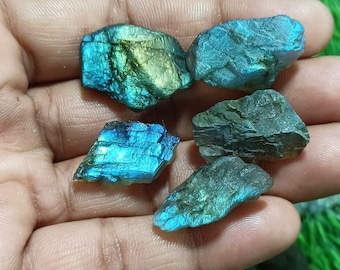 May include: Five rough, iridescent labradorite gemstones in various shades of blue and green. The stones are raw and have a natural, unpolished finish.