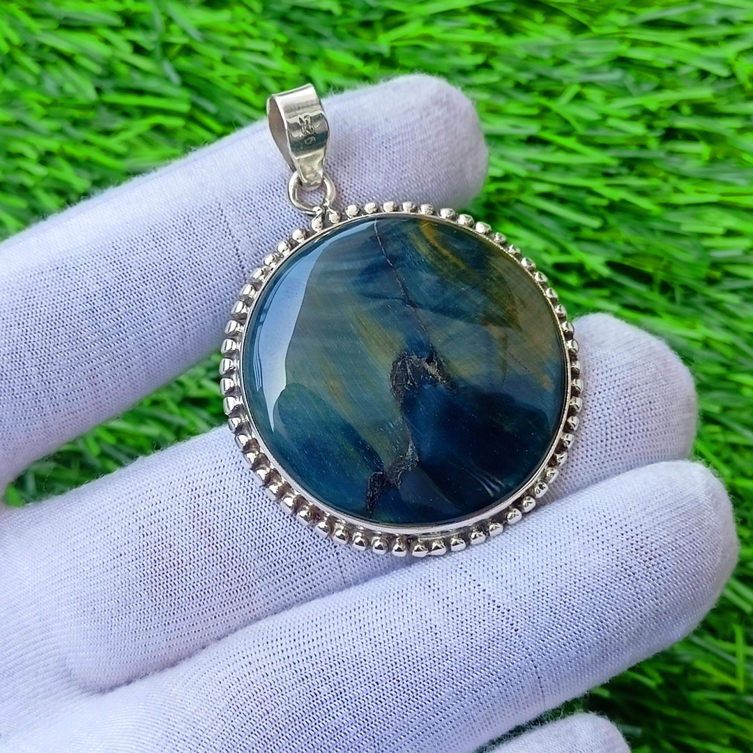 Blue Tiger Eye Pendant, 925 Sterling Silver Pendant Necklace, Gemstone