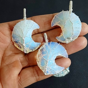 Opalite Moon Tree Pendant, Opalite Moon Pendant, Opalite Tree Of Life Pendant, Opalite Crystal Pendant, Opalite Wire Wrapped Pendant Jewelry